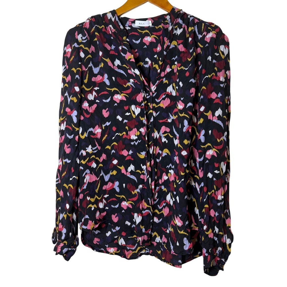 A.L.C. Women Silk Blouse 2 Black Pink‎ Abstract Brushstroke Artsy Chic Luxury